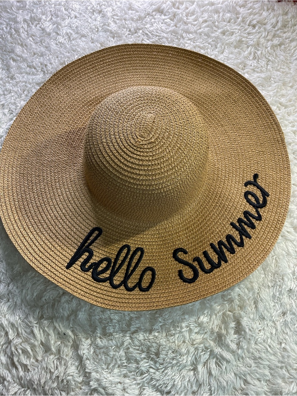 Wide Brim Straw Sun Hat with "hello summer" Script